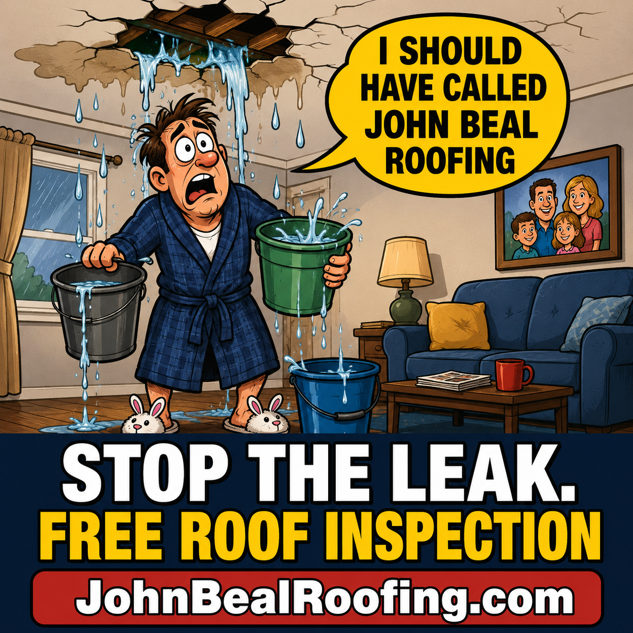 Roofing leak cartoon ad creative